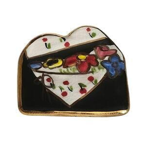 Vtg Artisan Made KP Designs Floral Heart Envelope Clay Art Pin Brooch 24k Accent